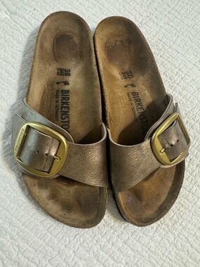Birkenstock Single Strap Sandals in Metallic Bronze with Gold Buckle